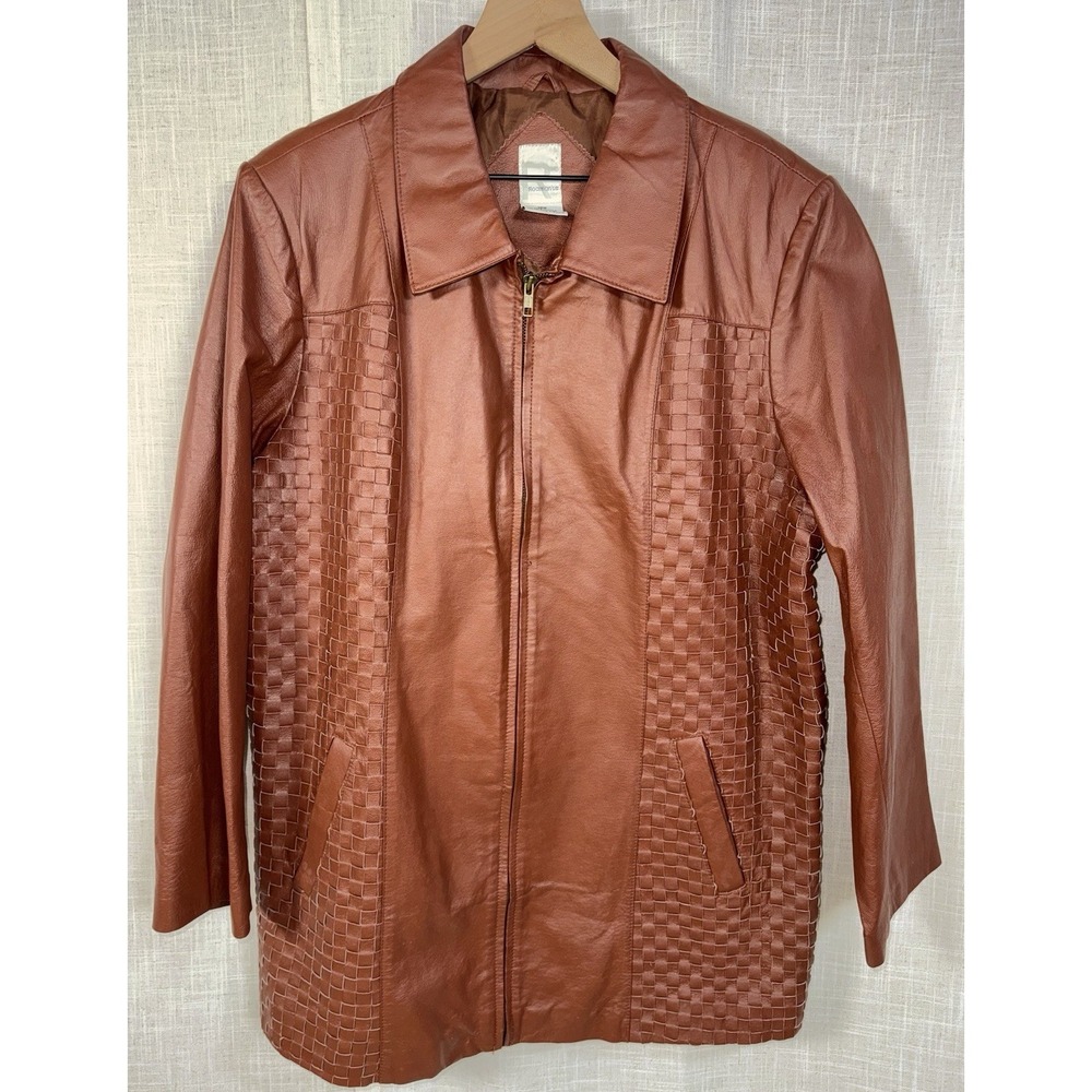 Roaman's Brown Genuine Leather Jacket Coat Plus Size‎ 20W Basketweave Woven Boho